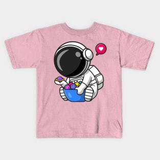 Cute Astronaut With Planet Candy Bowl Cartoon Kids T-Shirt